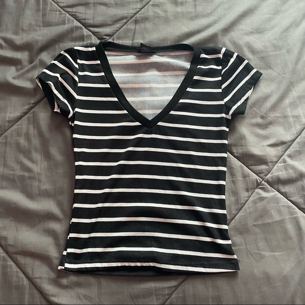 black and white stripped v-neck